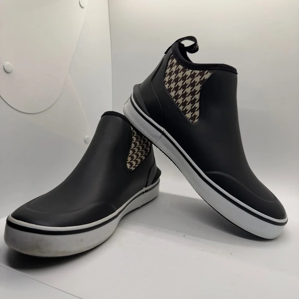Hush Puppies Rain Check Black Houndstooth Rubber Rain Boots HW06730-002 Mens 6